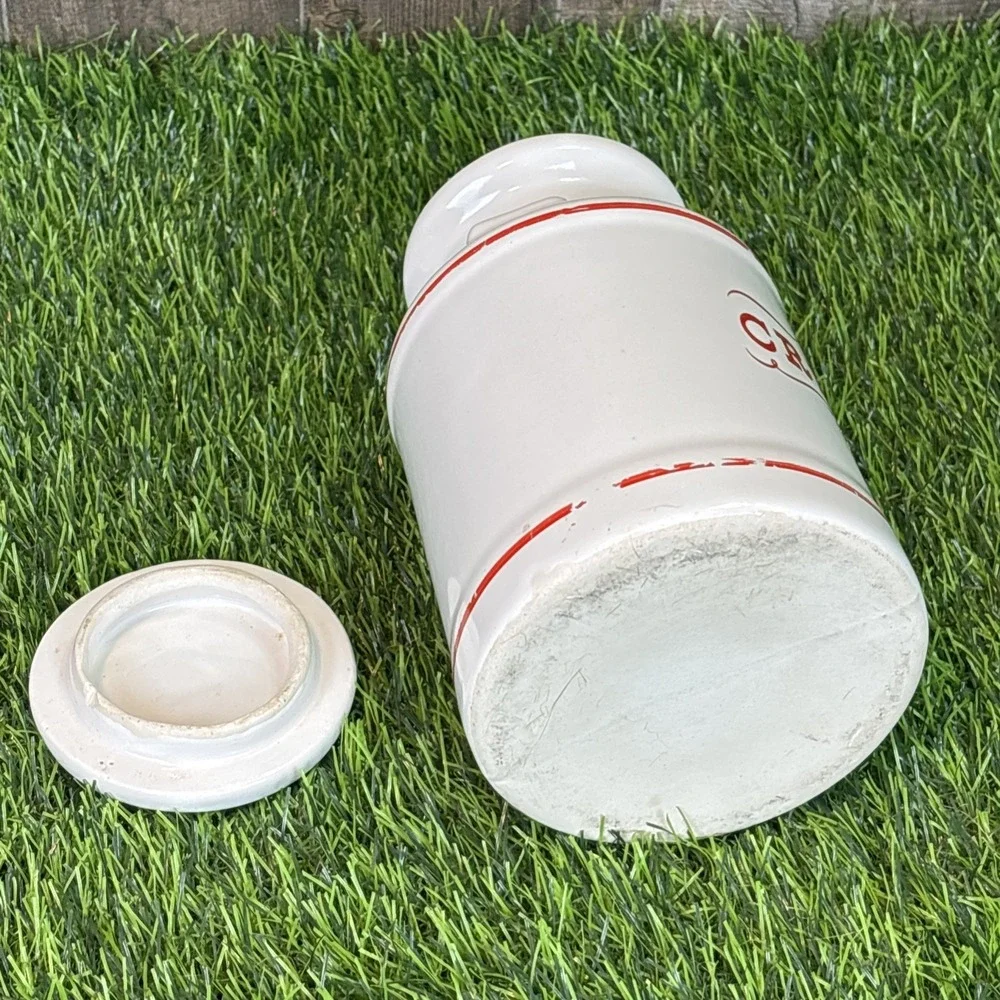 Vintage White‎ Ceramic Cream Canister Jar w Lid Red Lettering Farmhouse
